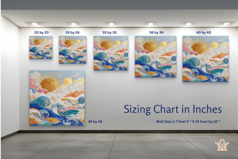 Loka Loka Studio sizing chart in inches, showing the same painting at each available canvas size